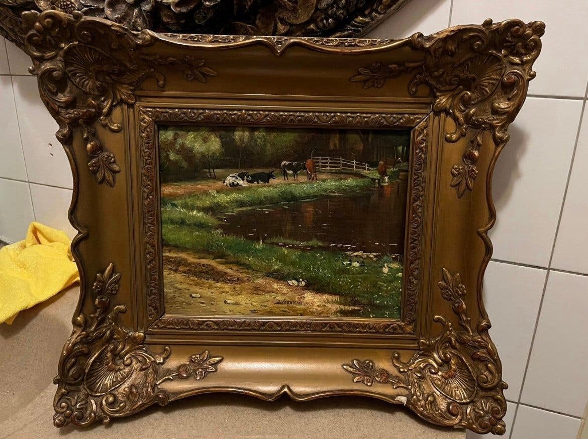 Antiek olieverf met koeien en eendjes naast water, Antiek en Kunst, Ophalen