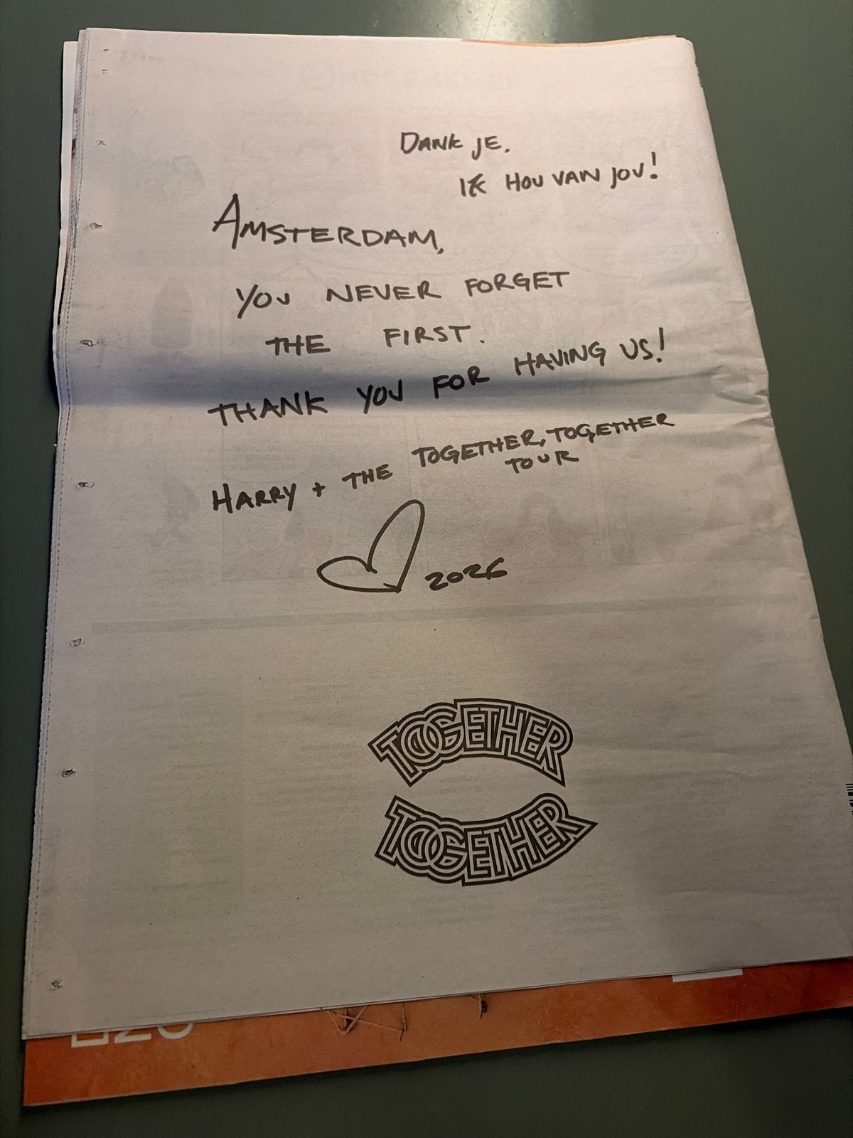 Afscheidsboodschap Harry Styles op het Parool, Verzamelen, Ophalen of Verzenden, Nieuw, Boek, Tijdschrift of Artikel, Gesigneerd