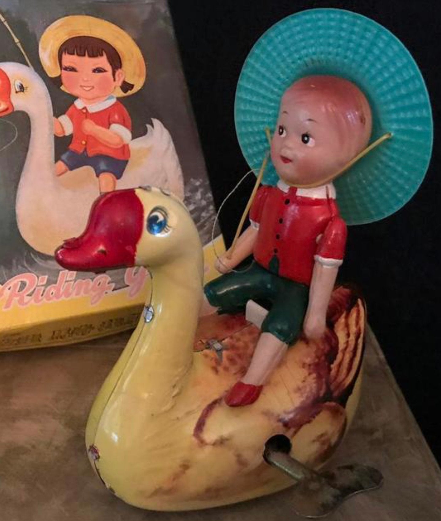 Vintage blikken Riding Goose met mechanisme., Ophalen of Verzenden