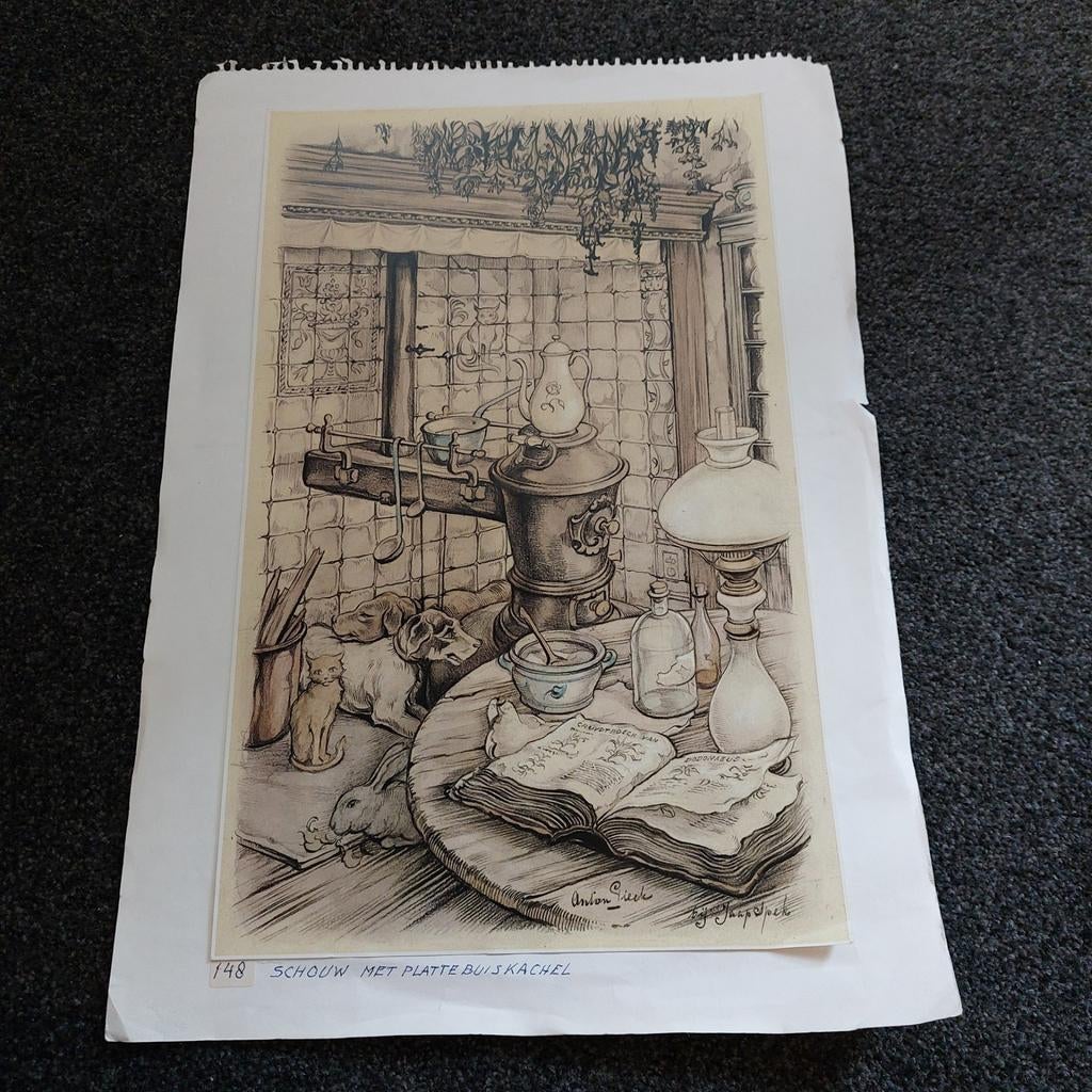 Anton Pieck Prent: Schouw met platte buiskachel, Ophalen of Verzenden, 1980 tot heden, Overige onderwerpen
