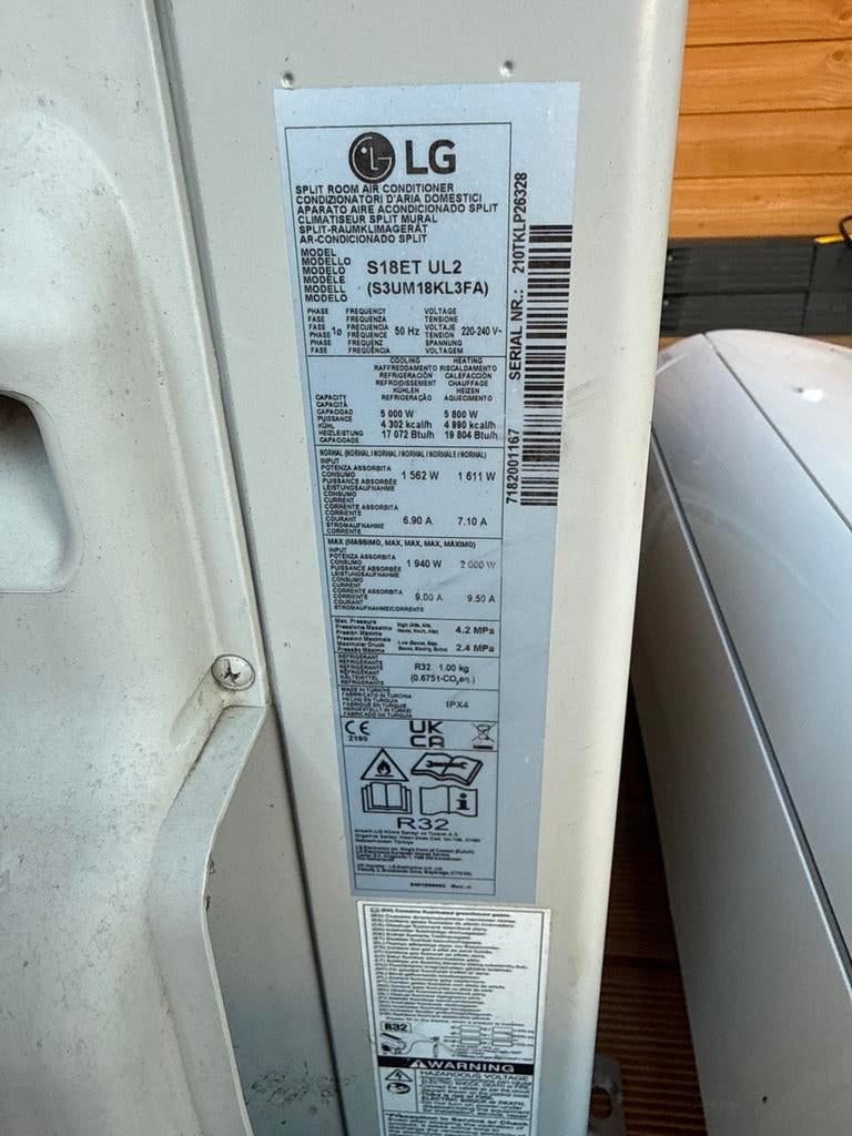 LG S18ET UL2 Split Airco - Koelen en Verwarmen (GEBRUIKT), Witgoed en Apparatuur, Airco's, Ophalen, Gebruikt, 3 snelheden of meer