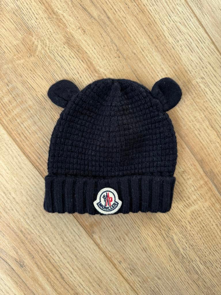 Moncler Muts baby met Oortjes - Zwart blauw xxxs, Ophalen of Verzenden, Zo goed als nieuw, Jongetje of Meisje, Muts
