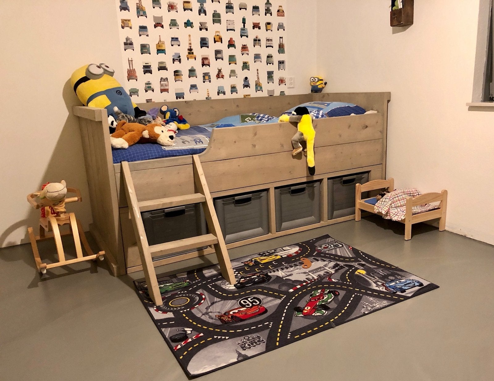 Steigerhouten greywashed bed 200x90 met opbergbakken, Kinderen en Baby's, Ophalen, Zo goed als nieuw, Hoogslaper