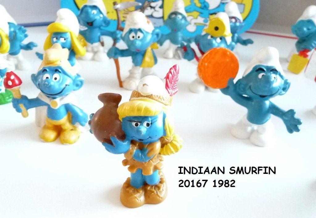 indiaan smurfin 20167,1982 VINTAGE,5 FIG ADV VERZENDK GRATIS, Verzamelen, Verzenden, Zo goed als nieuw, Overige Smurfen, Poppetje, Figuurtje of Knuffel