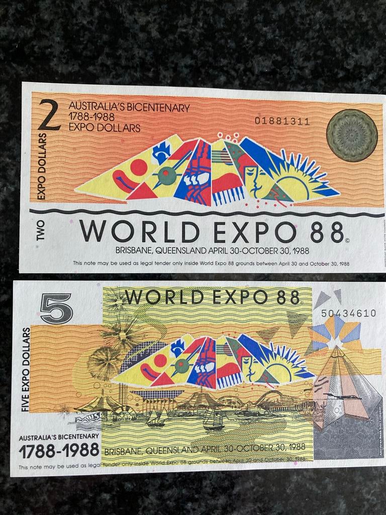 Expo Dollars World Expo 88 - 2 en 5 dollar biljetten, Ophalen of Verzenden, Setje