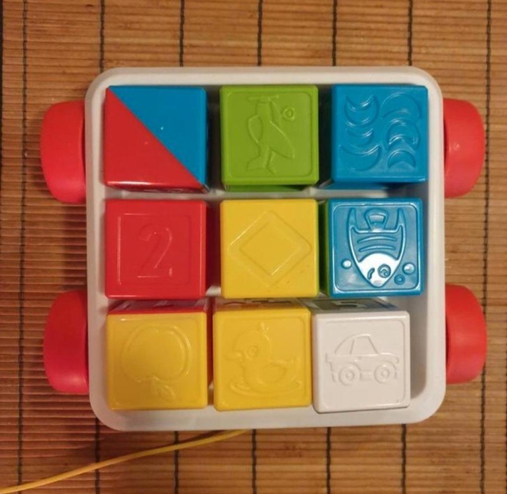 Trekwagen blokkenwagen met trekkoord fisher price voor motor, Ophalen of Verzenden, Zo goed als nieuw