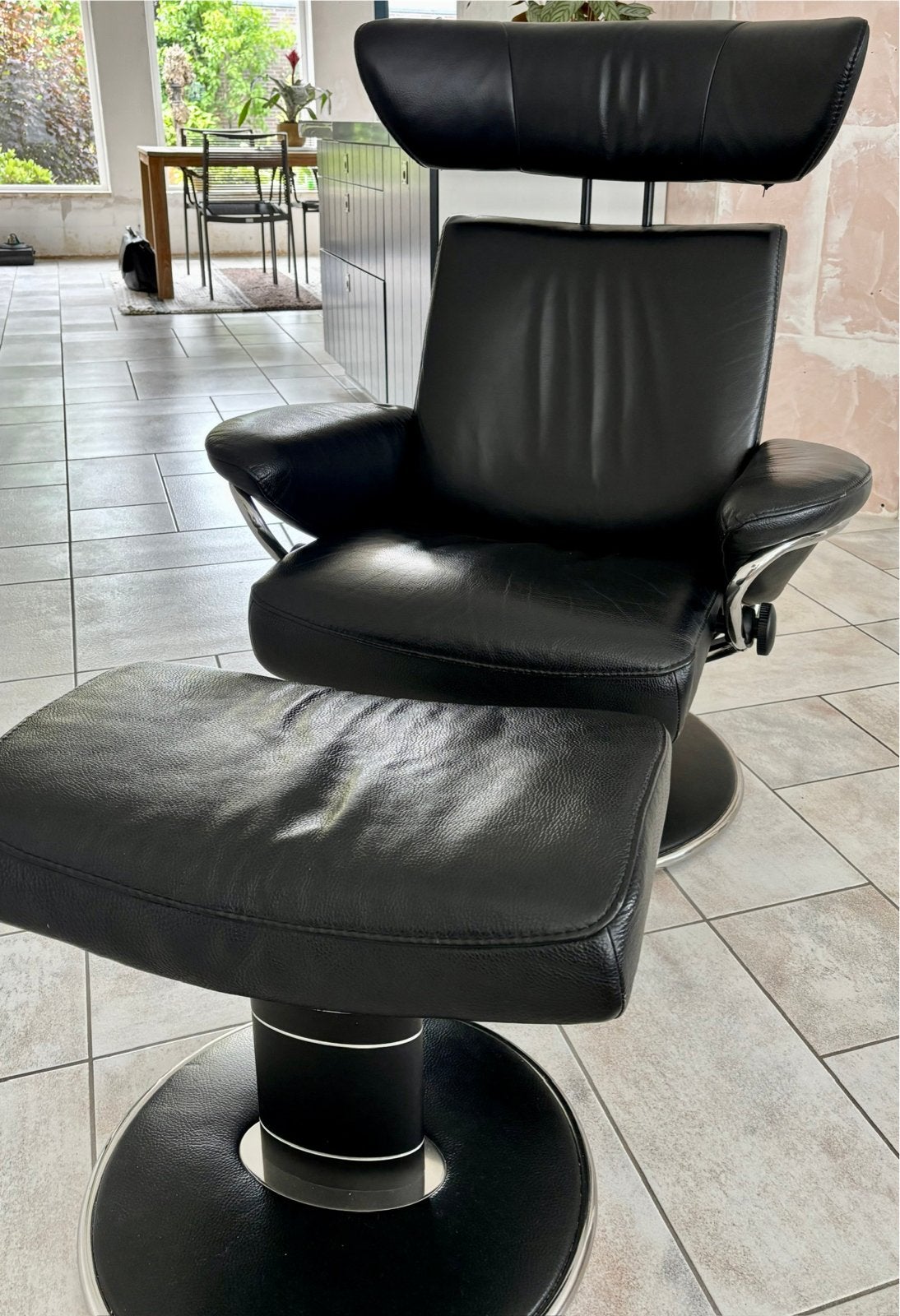 Stressless fauteuil met voetenbank - Zwart leer, Ophalen, Gebruikt, Zwart, Leer