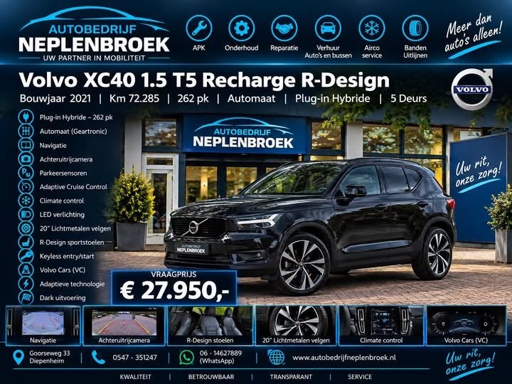 Volvo XC40 1.5 T5 Recharge R-Design | LED | Dark | 20" | Par, Auto's, Dealer onderhouden, Gebruikt, Zwart, 59 km/l