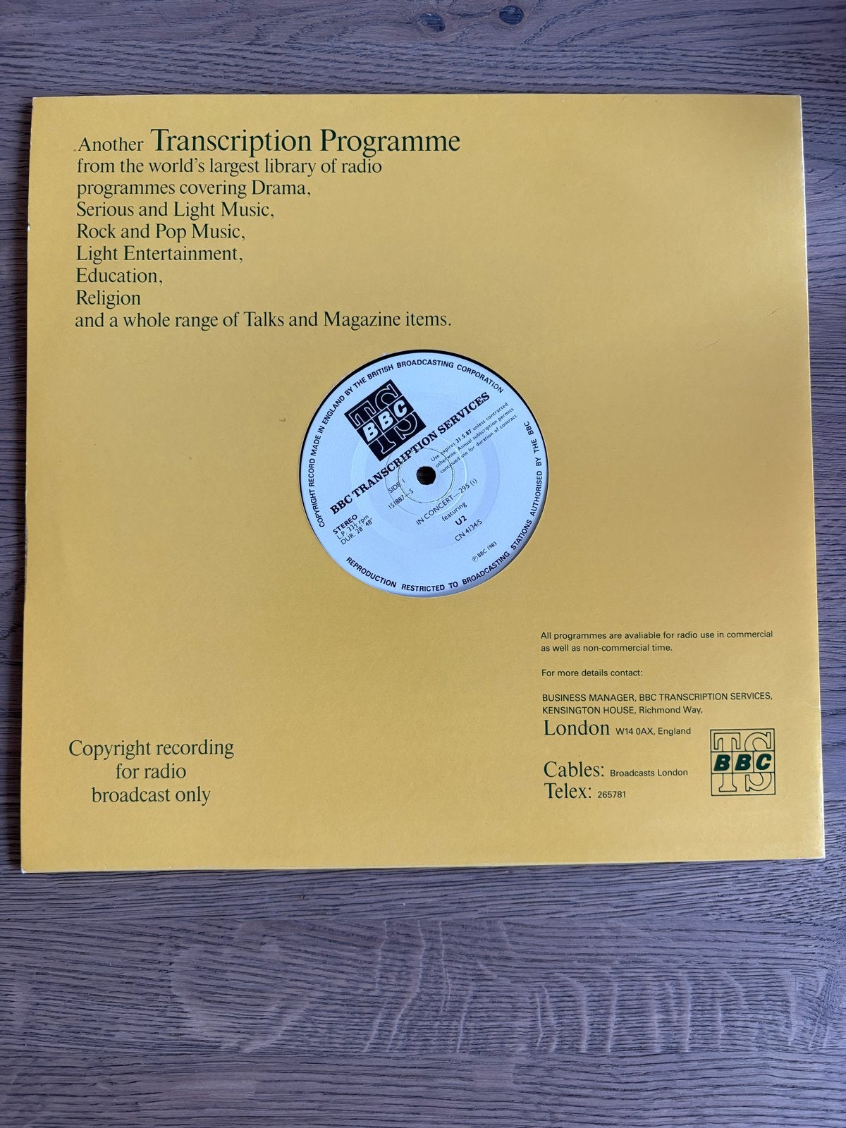 Foto 6 van U2 - Concert 295 (BBC Transcription Services) LP vinyl live