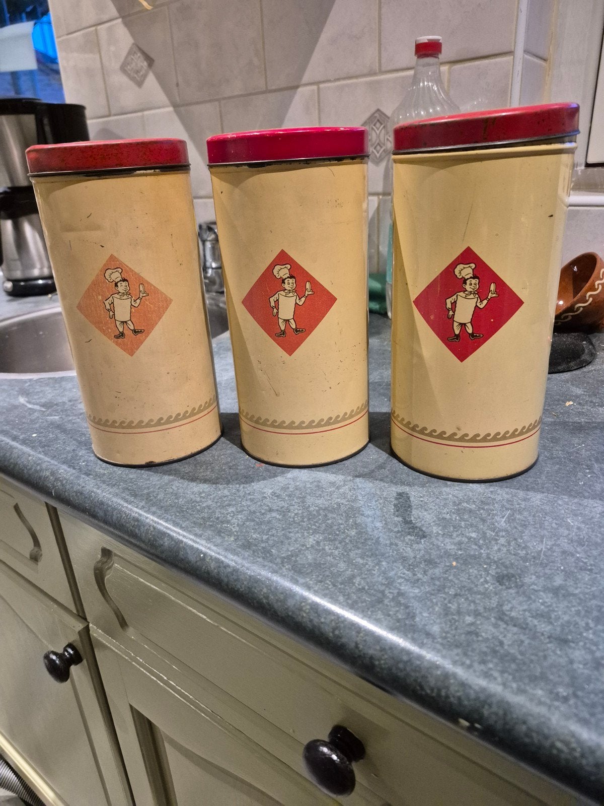 Set van 3 vintage voorraadblikken met kok, Ophalen of Verzenden