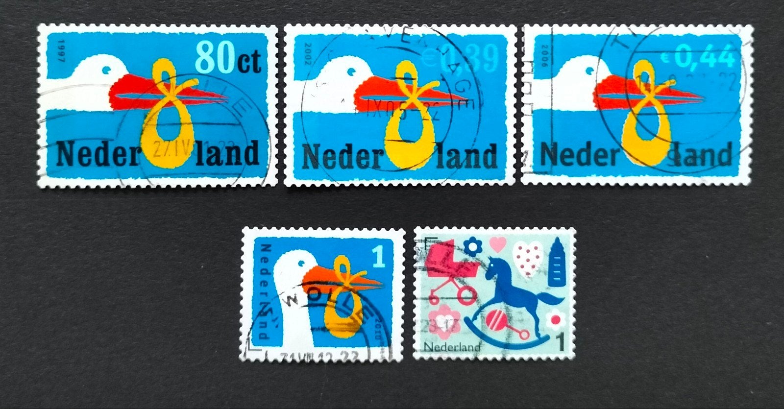 Nederland 5 verschillende gestempelde Geboortezegels, Postzegels en Munten, Postzegels | Nederland, Verzenden, Na 1940, Gestempeld