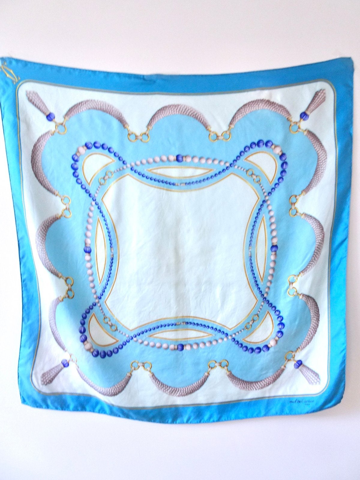 Vintage 70s 80s Cartier sjaal sjaaltje zijde blauw logo, Verzenden, Gedragen, Maat 46/48 (XL) of groter, Sjaal