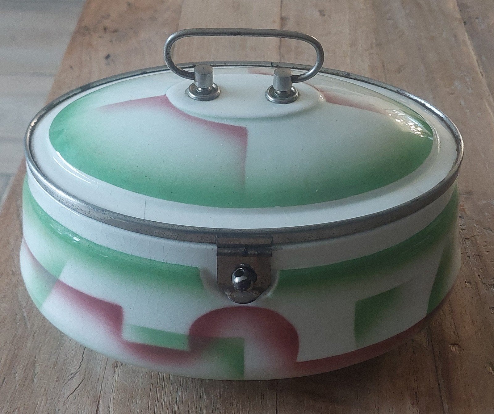 Vintage Emaille koektrommel met Handvat - Groen/Rood, Ophalen of Verzenden