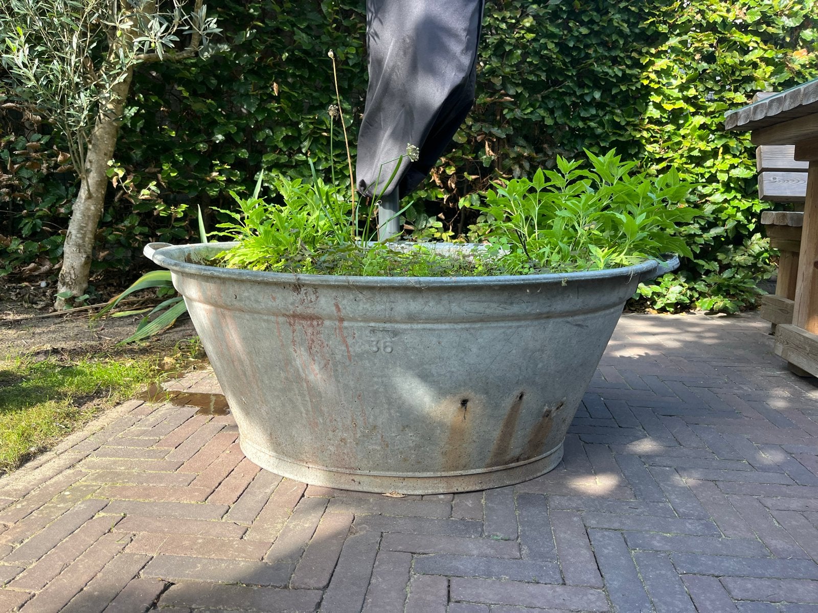 Grote Zinken Bloembak / Plantenbak - Vintage Look, Tuin en Terras, Ophalen, Gebruikt, 40 cm of meer, Rond