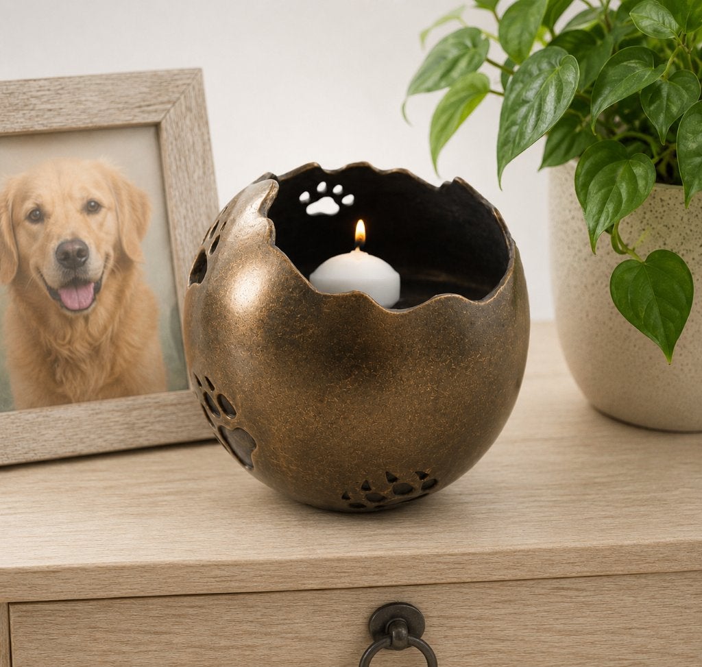 URN MET AFDRUK VAN EEN HONDENPOOT, WAXINEHOUDER / ASURN, Huis en tuin decoratie Marie, Nieuw, Info@huisentuindecoratiemarie.nl