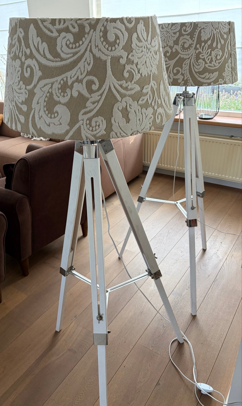 Set van 2 staande lampen met statief en stoffen kap, Ophalen, Gebruikt, E27 (groot), 150 tot 200 cm