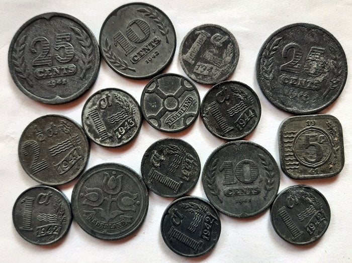 Zinken Oorlogsgeld  Nederland, 15 stuks, Verzenden, Koningin Wilhelmina