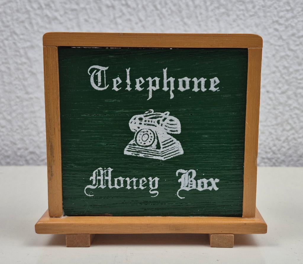 Vintage houten telefoon spaarpot, Ophalen of Verzenden, Gebruikt, Hout, Overige thema's