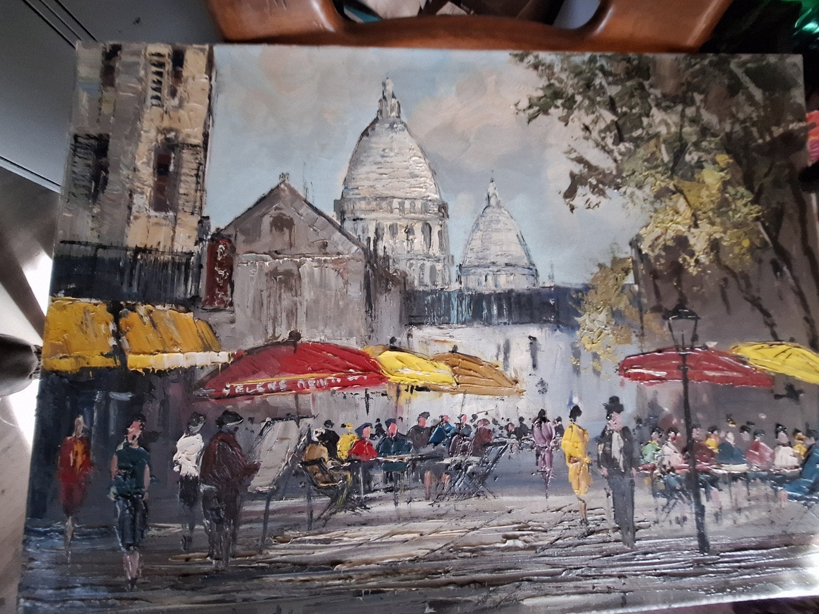 Schilderij Monmartre Parijs - Levendig Straatbeeld, Antiek en Kunst, Kunst | Schilderijen | Klassiek, Ophalen of Verzenden