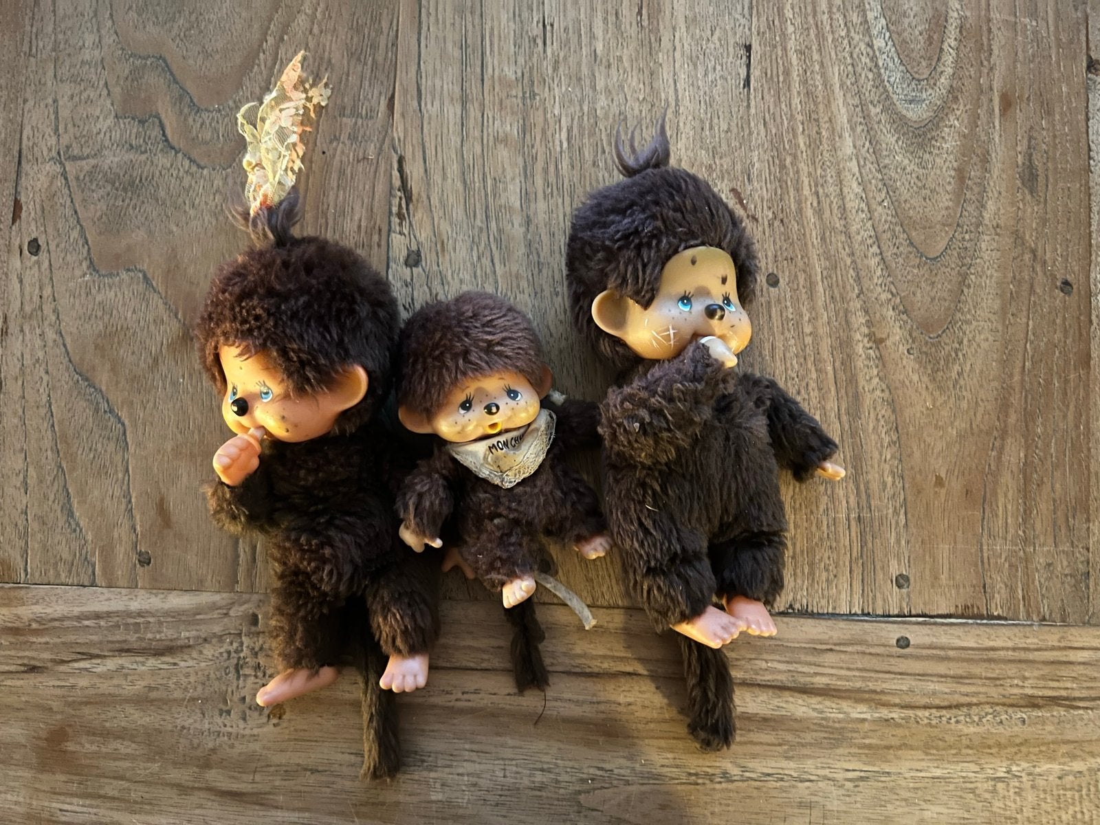 Vintage Monchhichi poppen set - 3 stuks, Gebruikt, Overige merken, Overige karakters, Ophalen of Verzenden
