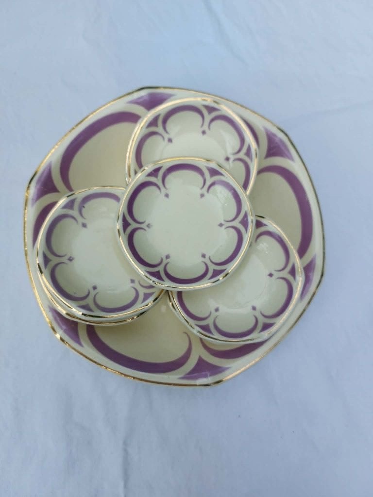 Societé Céramique Maastricht petit four set paars goud., Antiek en Kunst, Antiek | Servies los, Ophalen