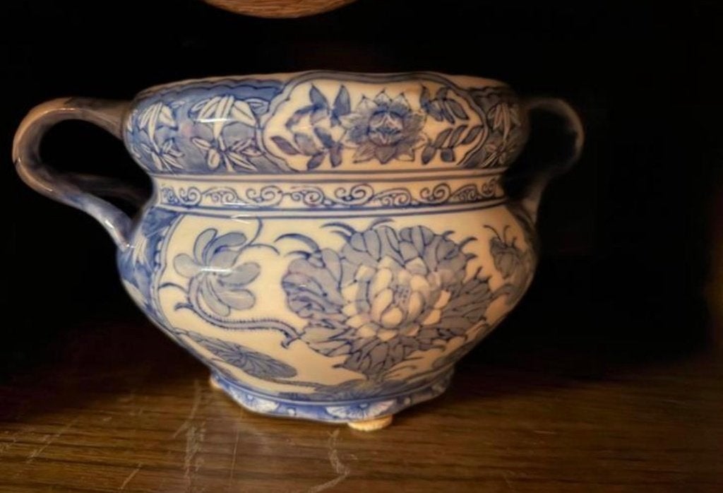 Antieke  Blauw-Witte Porseleinen Pot met Handvatten, Ophalen of Verzenden