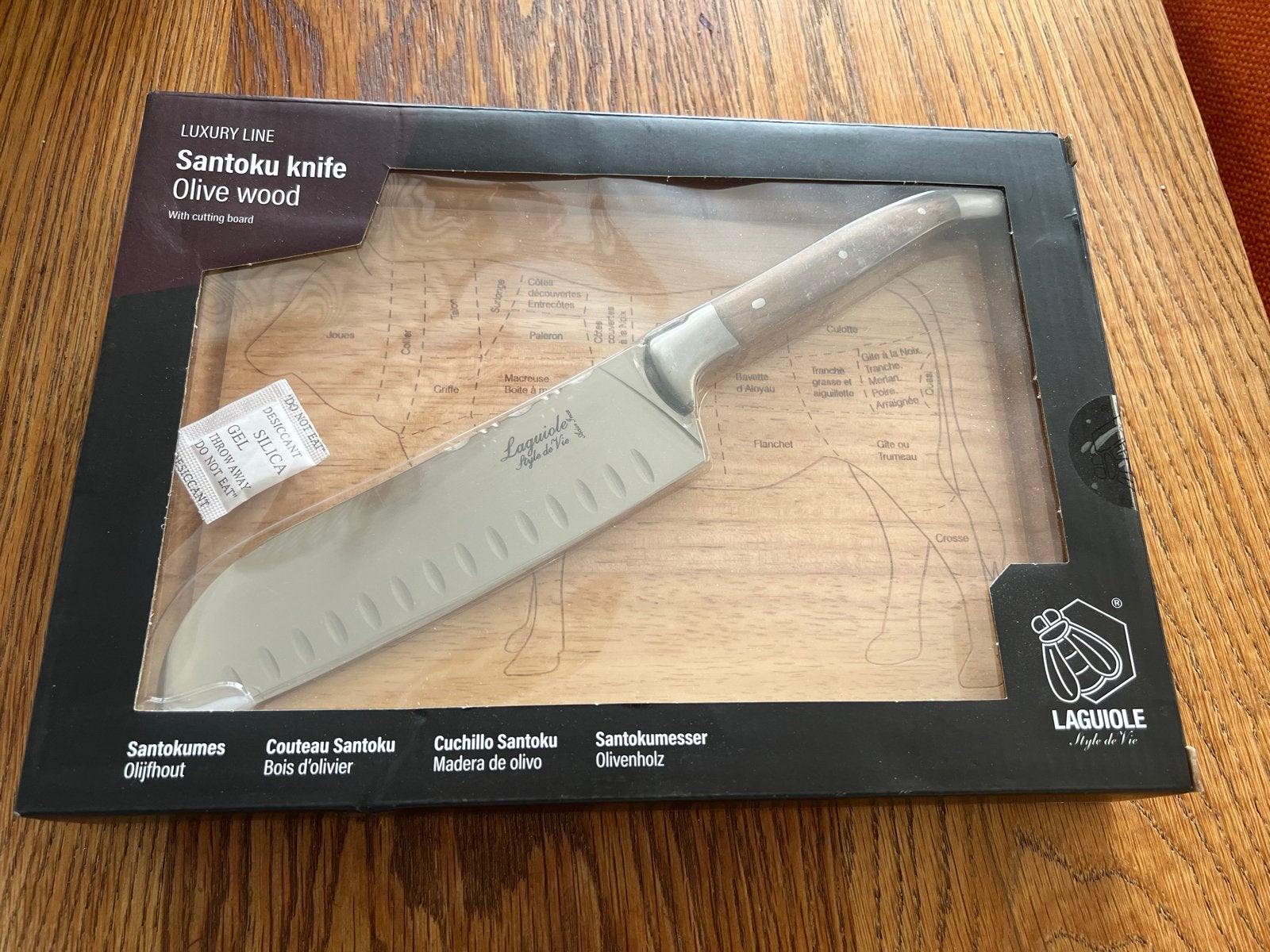 Laguiole Santoku mes met olijfhouten handvat en snijplank, Overige typen, Hout, Nieuw, Ophalen of Verzenden
