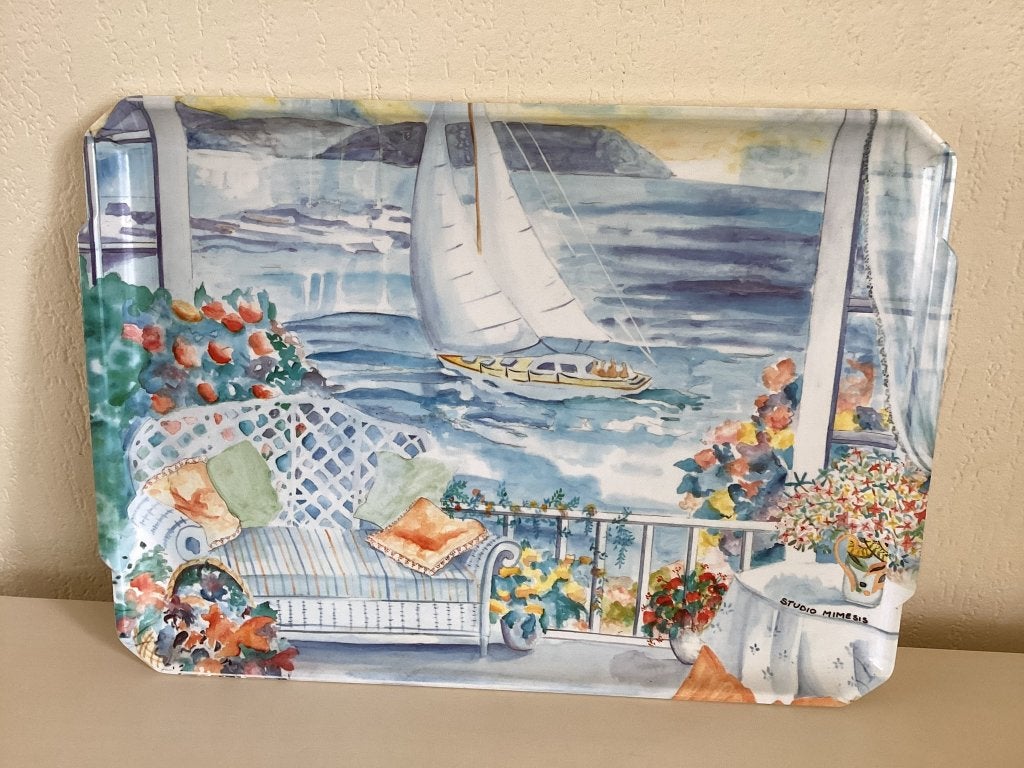 Groot dienblad met zeezicht + zeilboot, boot, studio Memesis, Ophalen of Verzenden, Zo goed als nieuw, Rechthoekig, Kunststof