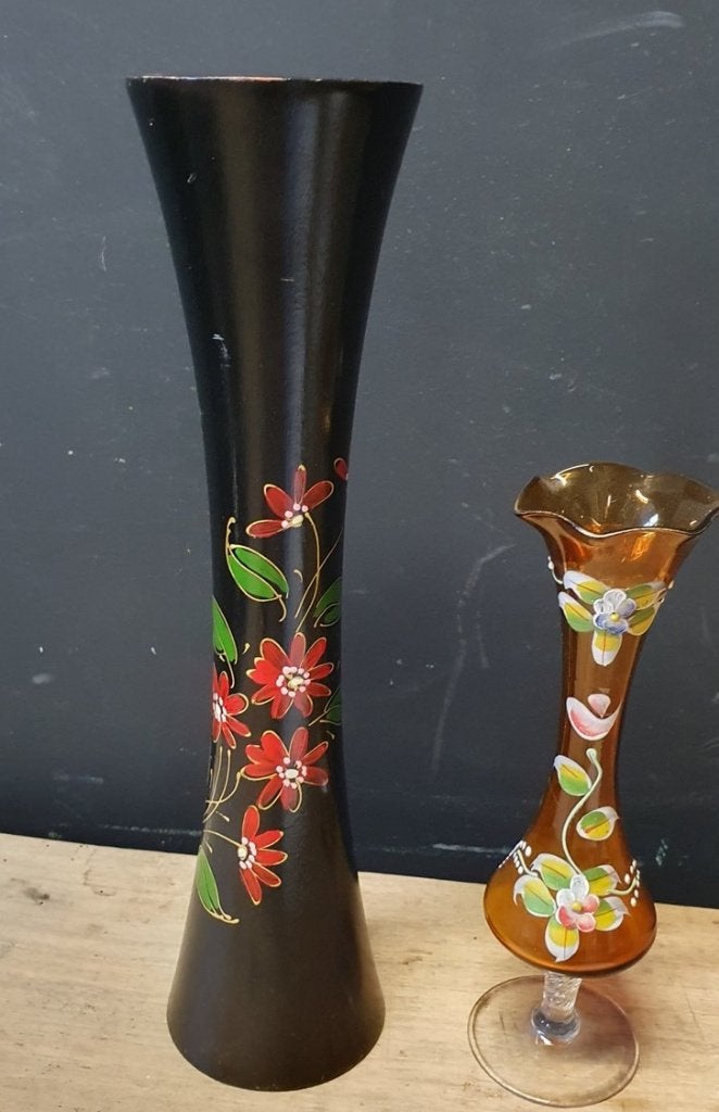1497 1499 vintage vaas vaasjes vazen hout glas bloemen, Ophalen of Verzenden, Zo goed als nieuw, Glas