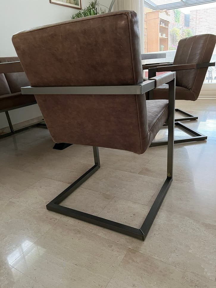 Set van 3 bruin leren eetkamerstoelen met metalen frame, Ophalen, Gebruikt, Leer, Industrieel