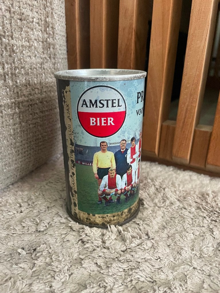 Zeldzaam Amstel Ajax Bierblikje 1969 - Open 1 – Uniek, Verzamelen, Sportartikelen en Voetbal, Ophalen of Verzenden, Gebruikt, Ajax
