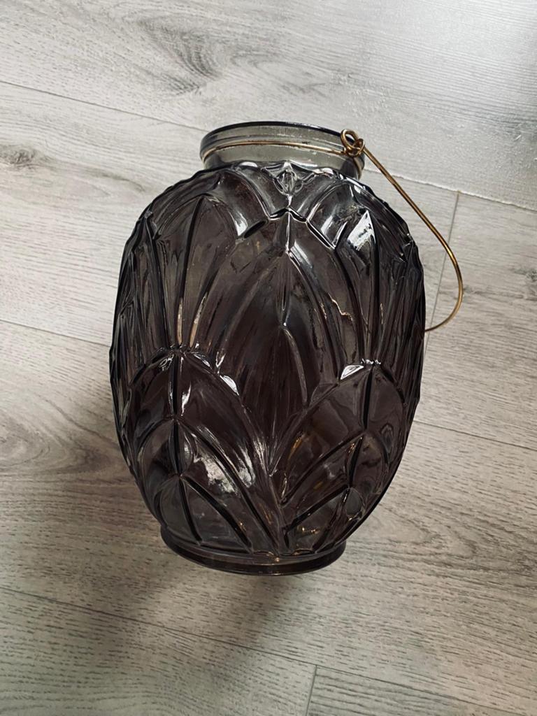 HS glazen vaas / windlicht met hengsel – rookglas, Huis en Inrichting, Woonaccessoires | Vazen, Overige kleuren, Ophalen of Verzenden