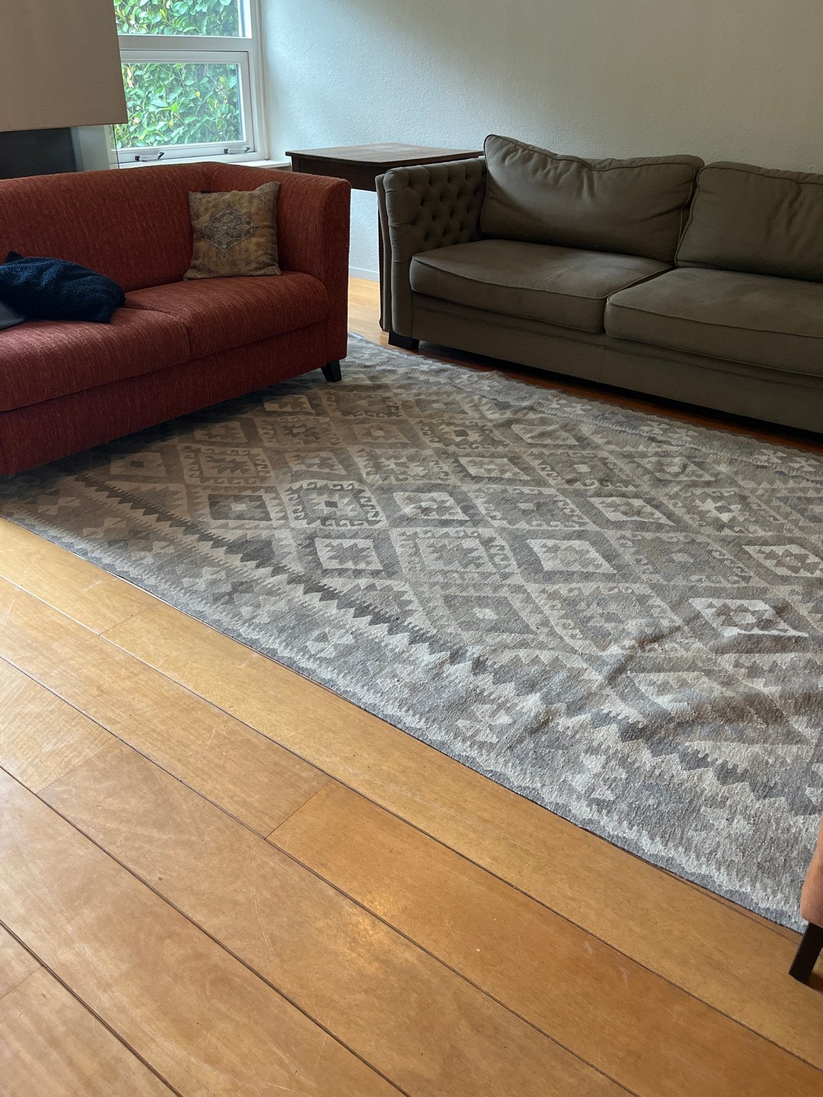 Gratis Grijs/beige kelim met geometrisch patroon, Ophalen, Gebruikt, 200 cm of meer, 200 cm of meer