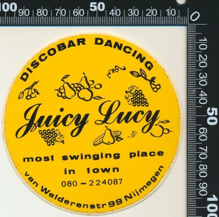 Sticker: Discobar Dancing Juicy Lucy - Nijmegen, Ophalen of Verzenden, Zo goed als nieuw, Bedrijf of Vereniging