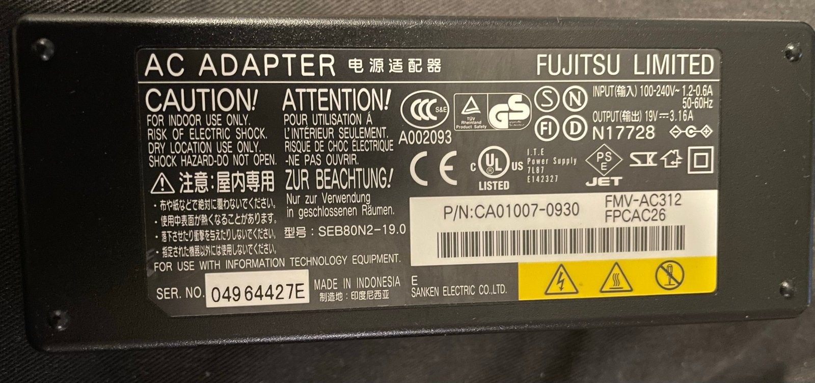 Fujitsu Siemens AC Adapter 19V 3.16A, Ophalen of Verzenden, Gebruikt