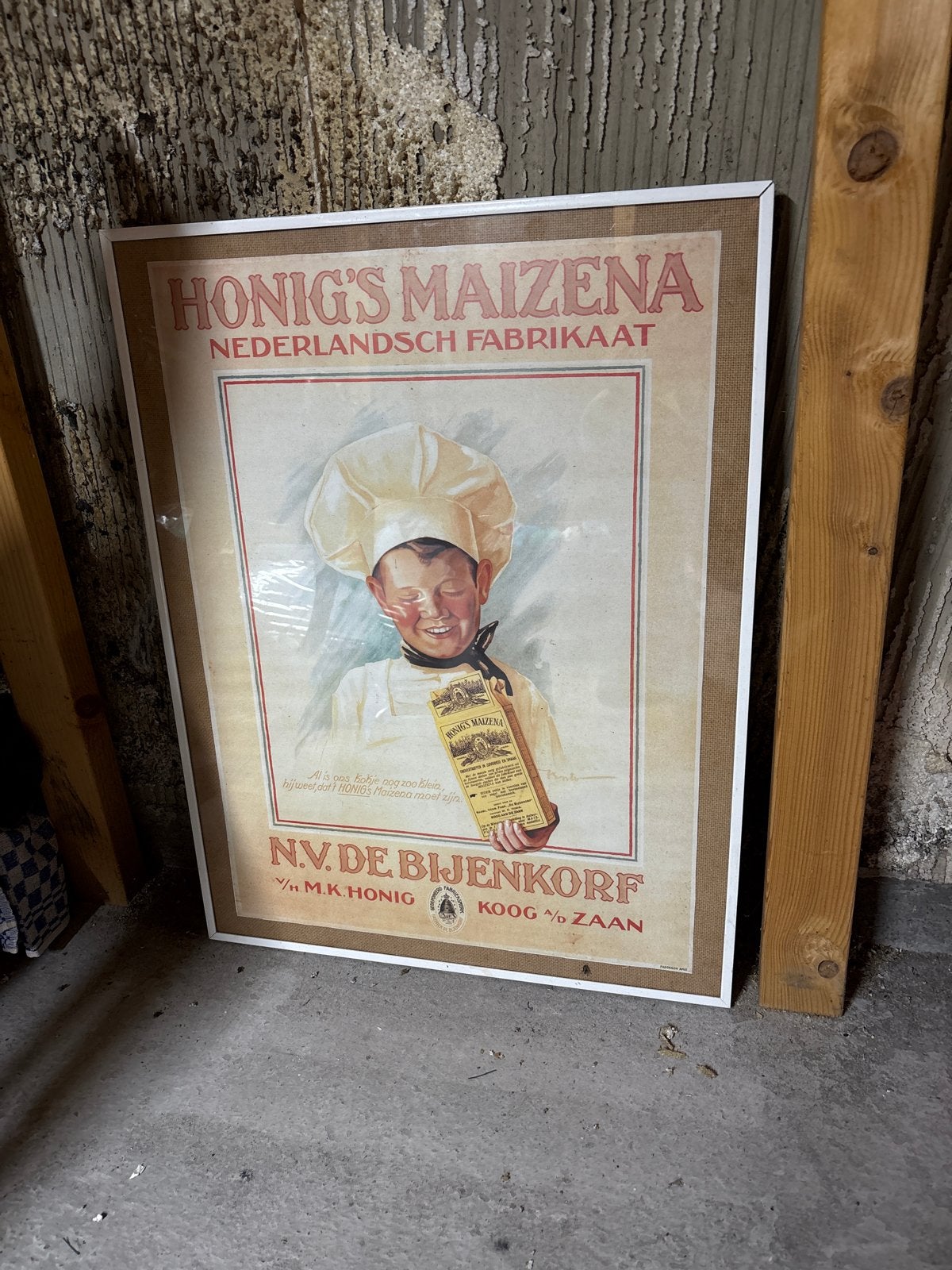 Oude Honig's Maizena Reclame Poster - Ingelijst, Met lijst, Ophalen of Verzenden, A1 t/m A3, Reclame