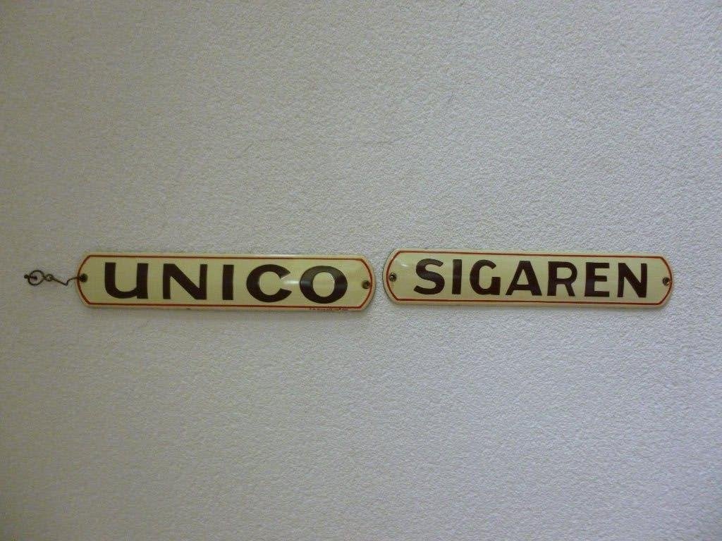 SETJE EMAILLE RECLAME DEURPOSTJES"UNICO SIGAREN"UIT 1935, Verzamelen, Ophalen of Verzenden, Zo goed als nieuw, Reclamebord