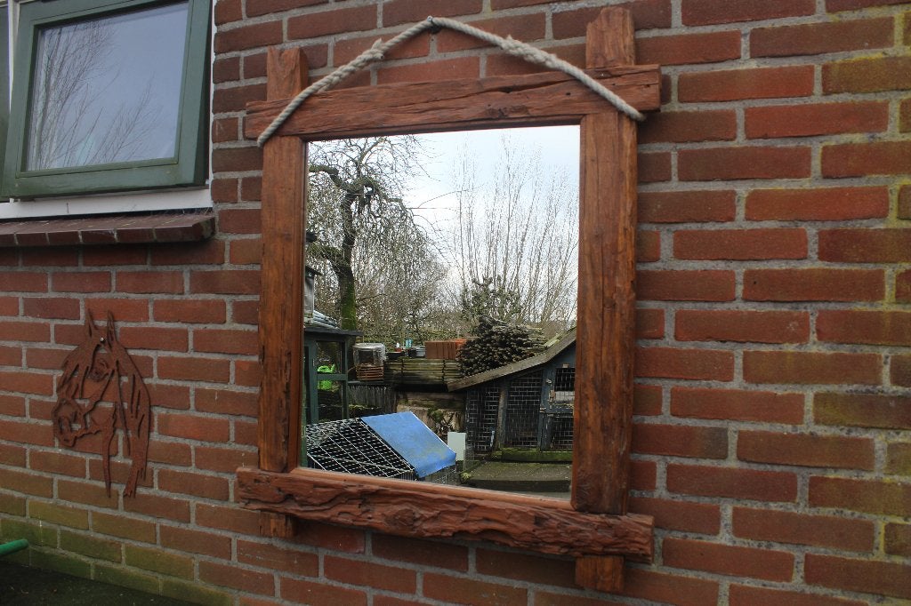 < Mooie Grote Houten Spiegel Teak Drijfhout Mooie Staat >, Huis en Inrichting, Woonaccessoires | Spiegels, Ophalen, Zo goed als nieuw