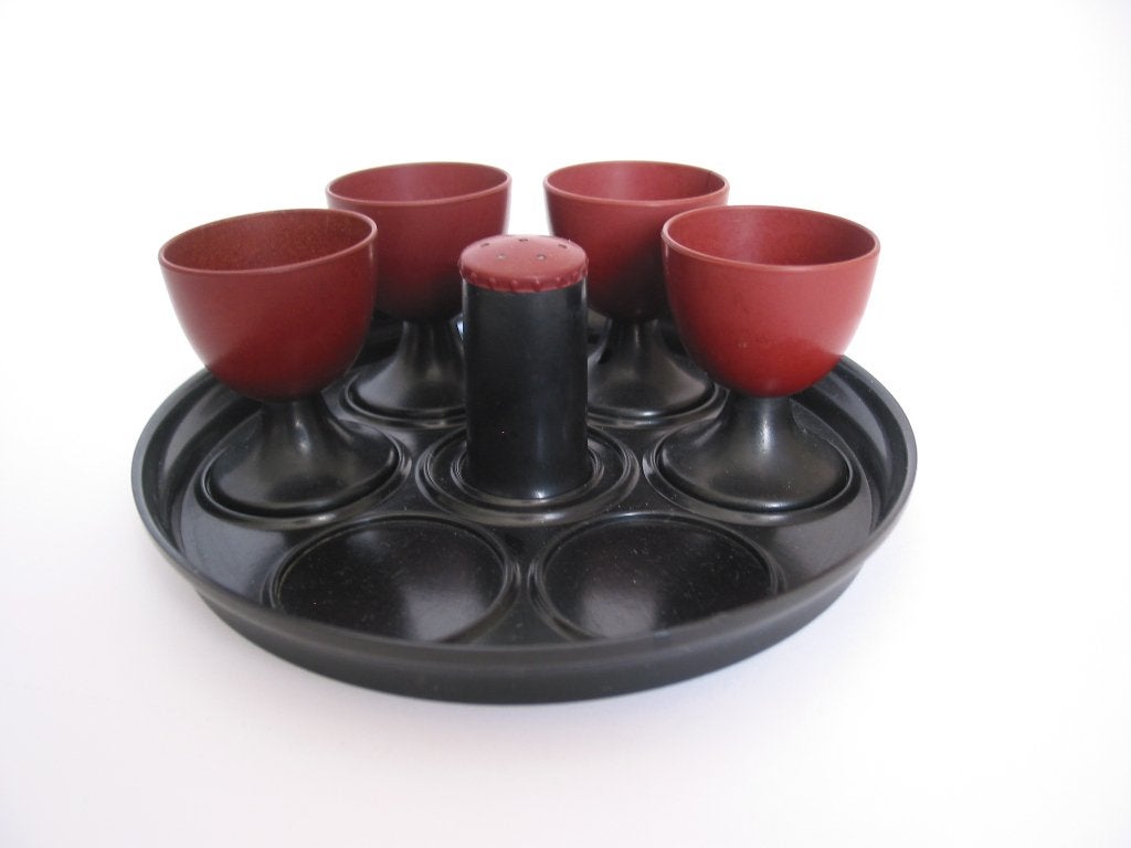eierdop set zoutvat Art Deco Bakeliet Melamine zwart rood, Overige materialen, Gebruikt, Overige merken, Overige typen
