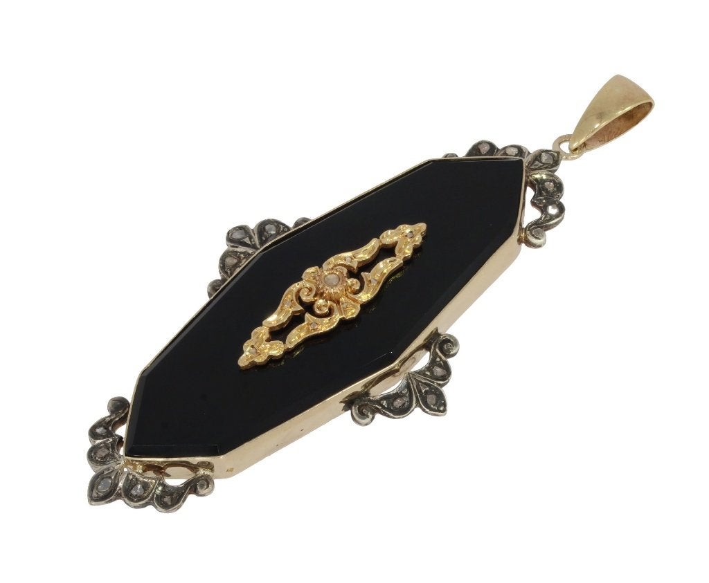 Diamant onyx zeer grote 14k hanger ketting goud antiek retro, Ophalen of Verzenden, Goud, Hanger, Met edelsteen