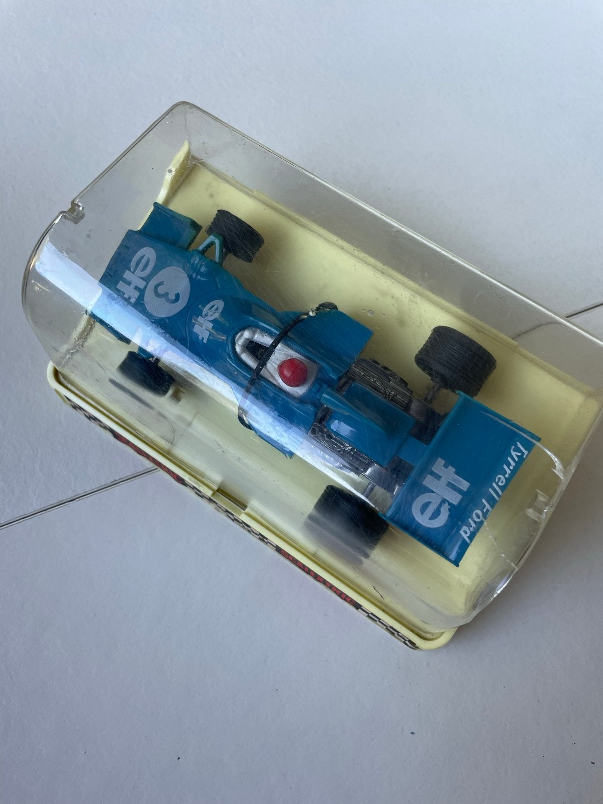 Vintage Scalextric ELF Tyrrell 007 – F1 nr. 3 – met doosje, Elektro, Gebruikt, Ophalen of Verzenden, Auto onroad