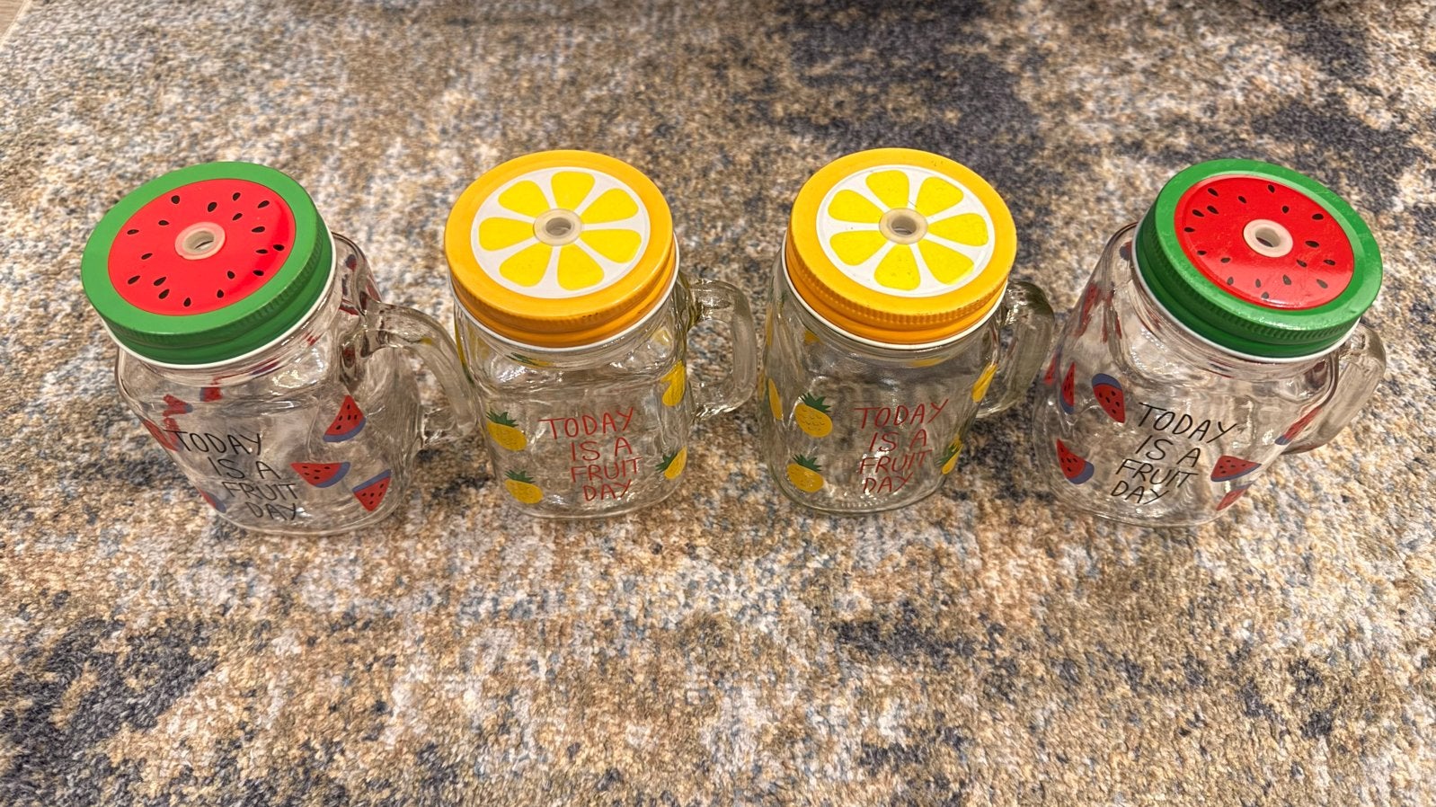 Set van 4 Mason Jars met fruitprint, Ophalen of Verzenden, Zo goed als nieuw, Meerkleurig, Glas