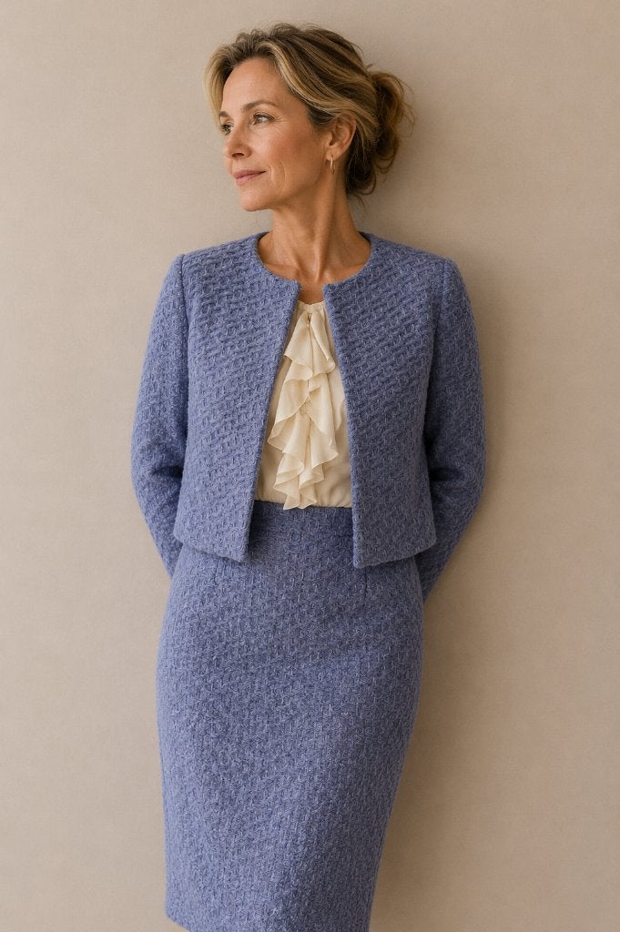 Max Mara Pianoforte set jurk EU 40 + lavendel jasje lente, Maat 38/40 (M), Kostuum of Pak, Verzenden, Paars