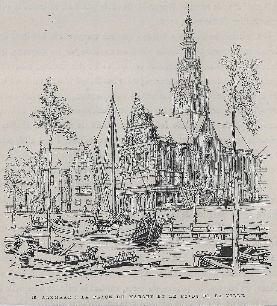 76. Alkmaar :La place du marché et le poids de la ville 1881, Antiek en Kunst, 1800 - 1899, Stadsgezicht, Ophalen of Verzenden