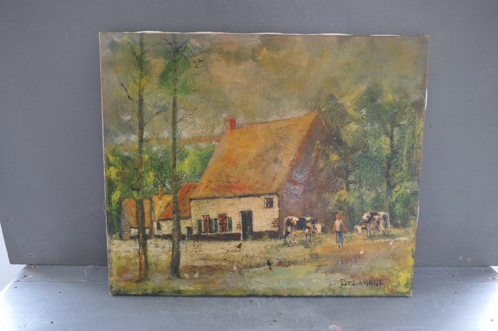 Vintage De Lamane schilderij rustiek, Antiek en Kunst, Verzenden, Klassiek, Gesigneerd