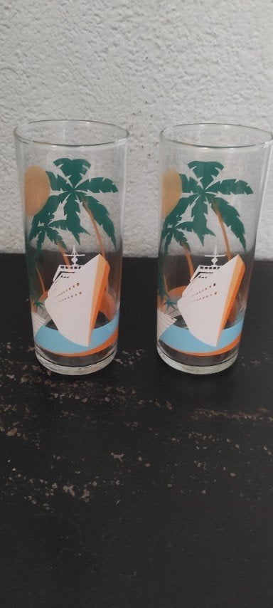 Vintage longdrinkglazen palmbomen schip 2x, Glas of Glazen, Gebruikt, Overige merken, Ophalen of Verzenden
