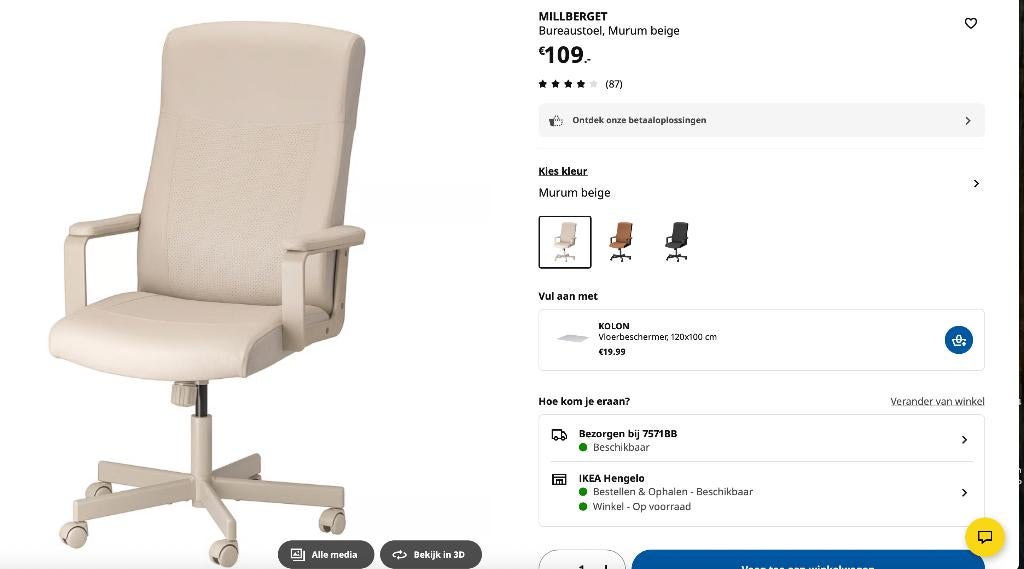 IKEA bureaustoel Millberget, Ophalen, Gebruikt, Wit, Bureaustoel
