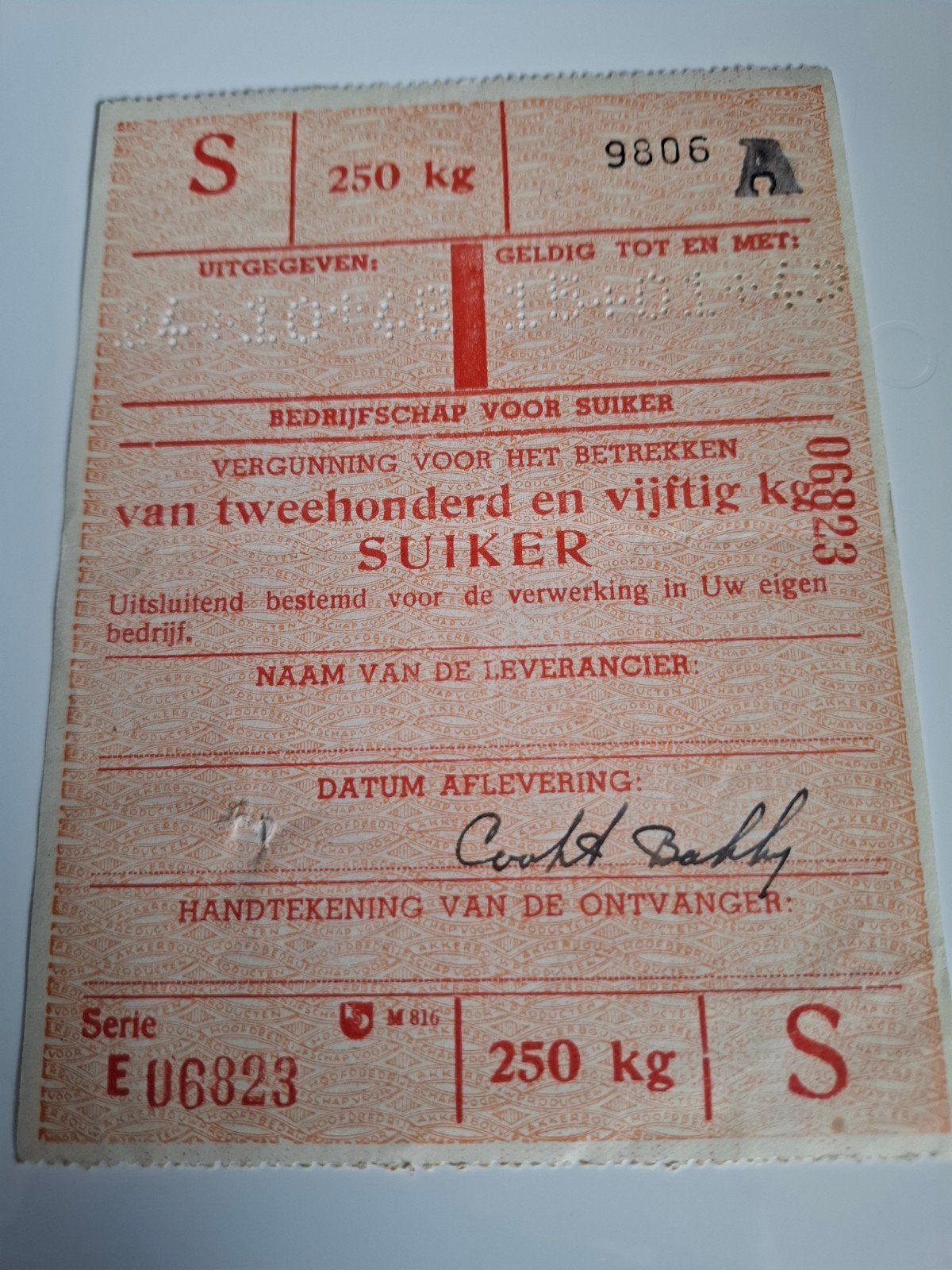 Bonkaart suiker 250kg 1948 document oorlog, Verzenden, Nederland
