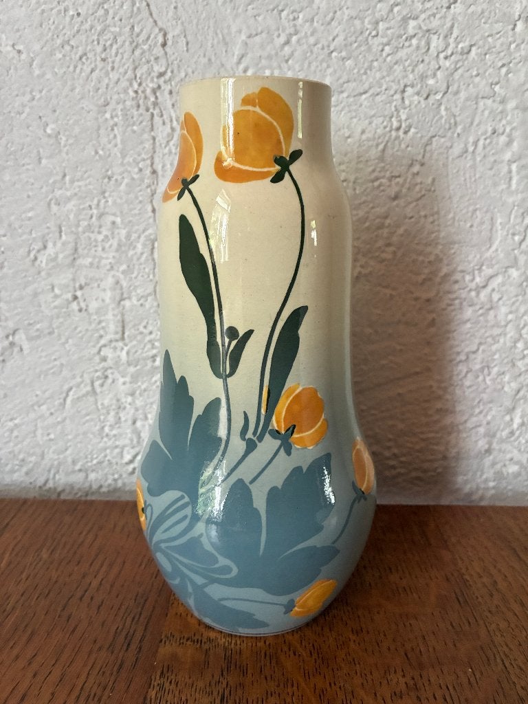 Vintage antiek Sarreguermines aardewerk vaas met bloemen, Ophalen of Verzenden
