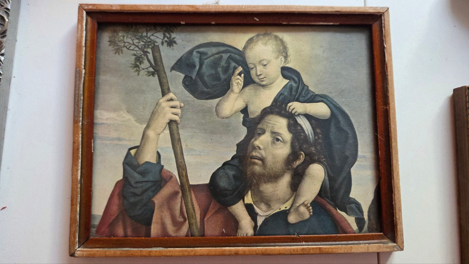 Reproductie Moreel-triptiek: Heilige Christoffel en Jezus, Antiek en Kunst, Ophalen of Verzenden, Klassiek, Ingelijst, Portret of Personen